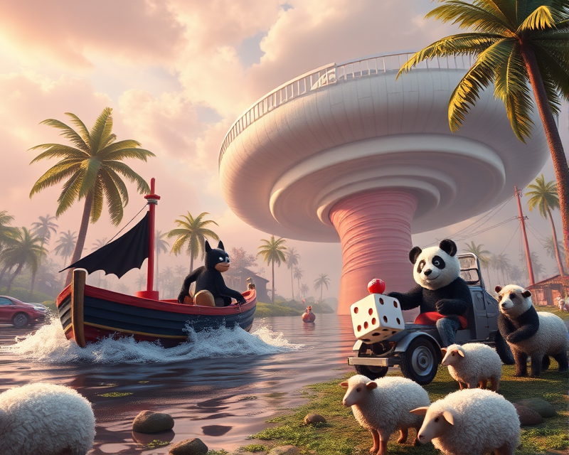 palm tree, puppet, boat, batman, monkey, mickey mouse, car, muffin, tornado, panda, dice, sheep